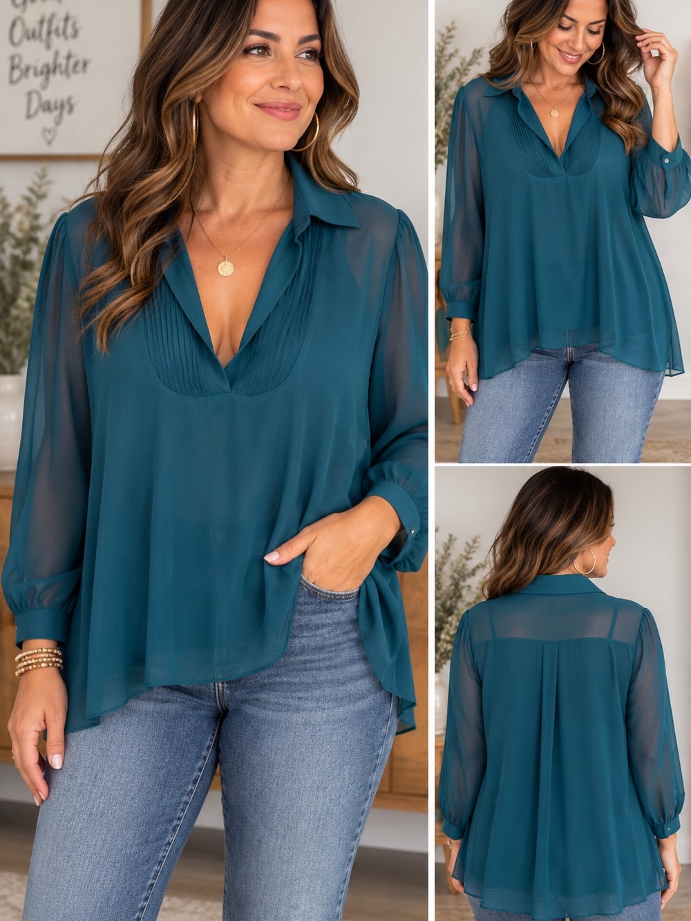 Free People Teal Sheer V-Neck Pleated Yoke Blouse